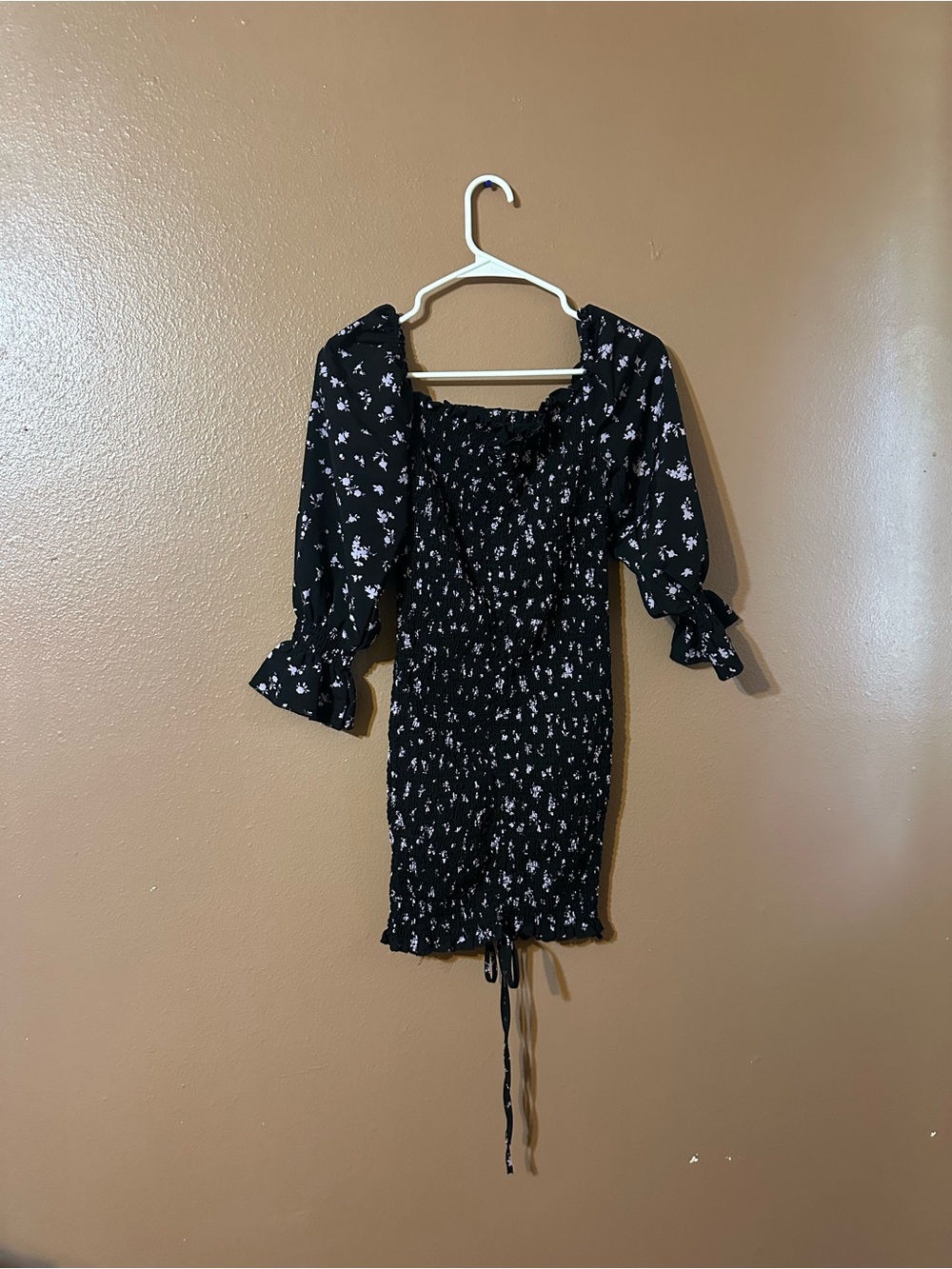 Smocked Off-Shoulder Black Floral Mini Dress